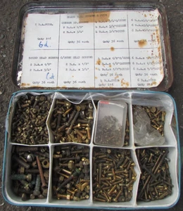 Job Lot of Various BRASS Bolts Nuts & Few Washers In Metal Organiser Case - Picture 1 of 5