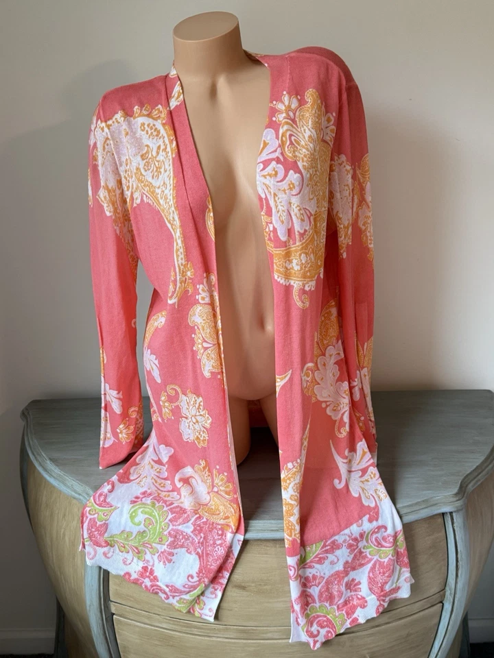 Cárdigan Plumero CHICOS 1 M Long Line Frente Abierto CORAL PAISLEY Costero Foto 1 de 4