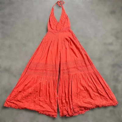 Mono Free People Paloma 0 XS Mujer Naranja Bordado Pierna Ancha Acampanado Halter Foto 1 de 4