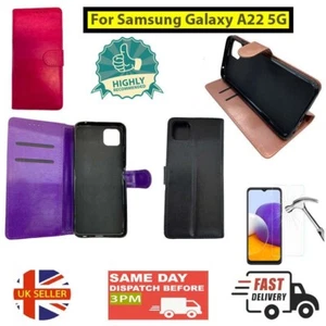 Samsung A22 5G SM-A226B Flip Book Case with Strap +2.5D Tempered Glass Protector - Picture 1 of 34