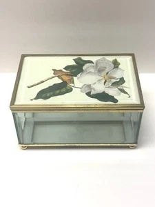 Vintage Glas, verspiegelter Waschtisch, Schmuckdeckeldose. Schöne Maganolia. free sh - Bild 1 von 6