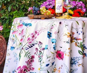 SYLVIE WILDFLOWERS 88" Round Acrylic Coated Wipeable French Oilcloth Tablecloths - Picture 1 of 6