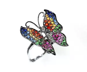 18K, BUTTERFLY RING, MULTI COLOR RAINBOW, RUBY, SAPPHIRE, GREEN GARNET - Picture 1 of 11