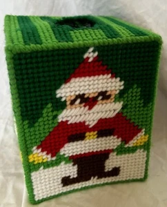 Vintage Santa Tissue Box Cover Hand Made Needlepoint Christmas Square - Picture 1 of 4
