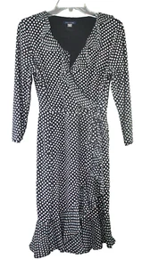 Tommy Hilfiger Womens Size 10 Dress Faux Wrap Black Polka Dot Below The Knee S/S - Picture 1 of 7