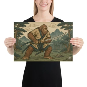 Poster Sasquatch Samurai Ukiyo-e - Poster stampa artistica Cryptid Warrior - Foto 1 di 5