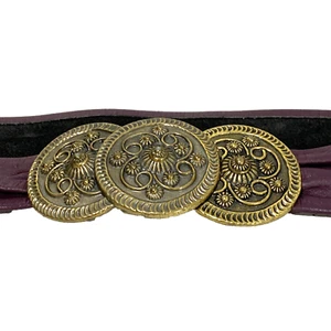 Vintage Duette Style Belt Buckle Antiqued Gold Medallions Purple Leather Strap - Picture 1 of 8