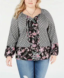 Style & Co Plus Size Mixed-Print Bishop-Sleeve Top - Picture 1 of 5