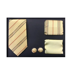 Nueva corbata delgada formal para hombre 2 hankies puños eslabones regalo conjunto dorado beige - Imagen 1 de 3