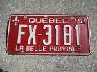 Canada 1972 Quebec  license plate  #  FX - 3181