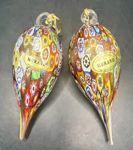 Murano Glass Campanella Millefiori Teardrop Ornaments Set of 2 - Picture 1 of 7