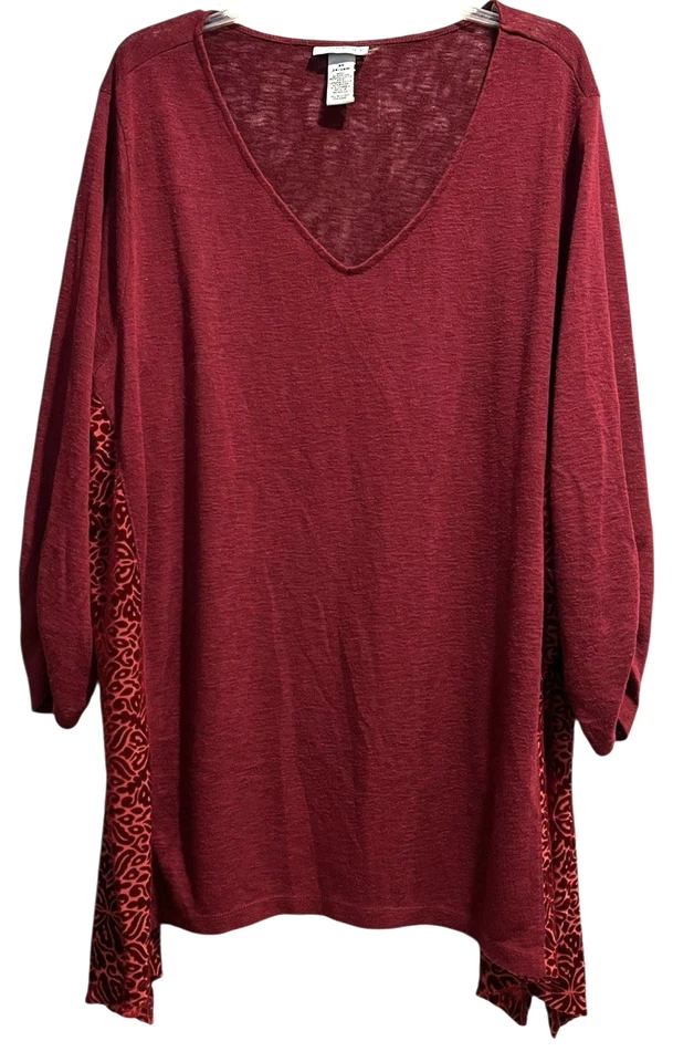 Catherines Tunic Sweater Size 3X Red Burgundy V Neck Velvet Burnout Sides - Image 1 of 4