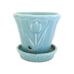 Vintage Shawnee Planter Attached Saucer & Drainage Aqua Blue Small 3.5" Tall - Picture 1 of 14