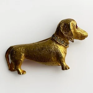 Signierte Hattie Carnegie Dackel Brosche goldfarben Hund Pin Vintage seltenes Design - Bild 1 von 12
