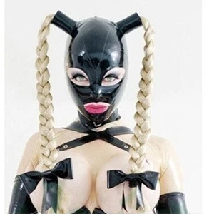 Beautiful Girl Latex Hood with Double Blond Ponytail Wigs Headgear Rubber Mask - Picture 1 of 4