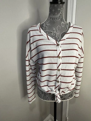 Paper Crane White and Red Striped Tie Front Waffle Knit Long Sleeve Top. Medium - Image 1 of 4
