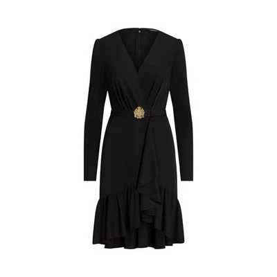NWT Lauren Ralph Lauren Belted Stretch Jersey Surplice Black Dress Size 6 - Image 1 of 4