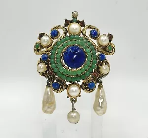 Signed KARU ARKE Vintage Brooch Lapis Blue Seed Bead Dangle Pearl Pin Gold Tone - Picture 1 of 4