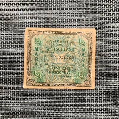 Billete alemán de 1/2 marco de la Segunda Guerra Mundial 1944 moneda de ocupación aliada Alemania Segunda Guerra Mundial Foto 1 de 4