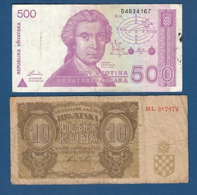 Croatia banknotes, 500 Dinara 1991 + 10 Kuna 1941 NDH Ustasa WWII Germany Italy - Image 1 of 2