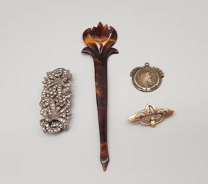 Konvolut alter Antik Schmuck Kamm Jugendstilbrosche mit Opal Anhänger Damenbild - Bild 1 von 24