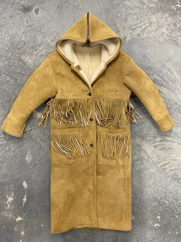 Abrigo para mujer Blue Duck bronceado largo completo flecos Sherpa piel de oveja real hecho en EE. UU. Foto 1 de 4