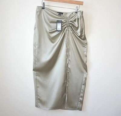 Ex New Look Pale Green Drawstring High Front Split Satin Midi Skirt Size 6-22 - Image 1 of 4