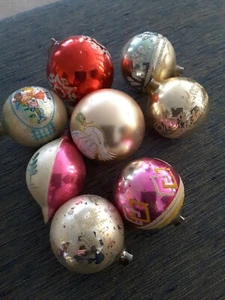 8 Vintage Mica Glass Round Ornaments Without Caps Some Glitter - Picture 1 of 4