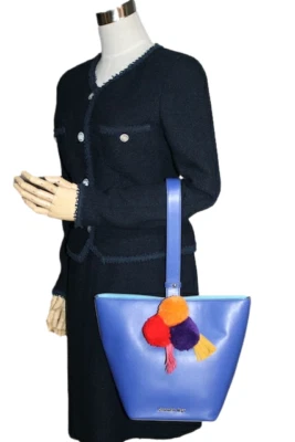 samantha vega  blue leather tote bag shoulder bag with pom"new" - Image 1 of 4