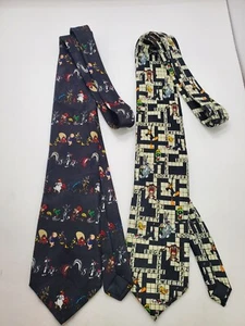 2 Vtg 94 97 Looney Tunes Crossword Puzzle Tie 3 3/4"×58" White black Multicolo - Picture 1 of 11