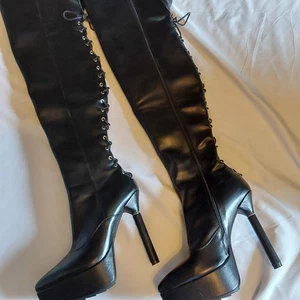 Lamoda Women's Thigh High Boots Size 7 Vegan Leather 5" Heel Platform Grunge - Picture 1 of 12