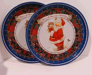 Vintage Blech Weihnachten Keksschalen Kätzchen altmodisch Santa 12" zwei Tabletts - Bild 1 von 5