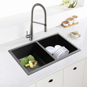 Black 304 Stainless Steel Rectangular Kitchen Double Bowl Sink With 2* Drainers - Picture 1 of 19