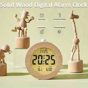 Wooden Analog Alarm Clocks Non Ticking Bedside Table Desk Snooze with Backlight - Picture 1 of 14