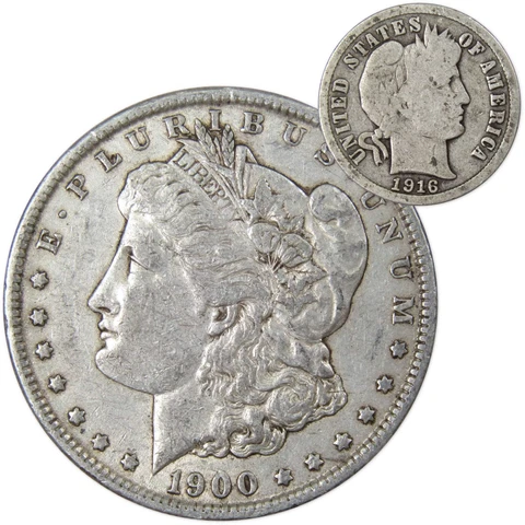1900 O Morgan Dollar XF EF Extremely Fine with 1916 Barber Dime G Good Cover