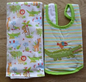 Maison Chic Alligator / Jungle Animals Boxed Bib & Burp Cloth Gift Box Set - Picture 1 of 2