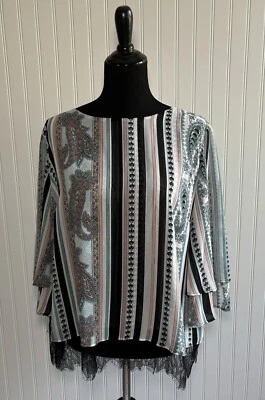 Chico’s 3 Tiered Sleeve Popover Paisley Stripe Print Top Womens Size Large Lace - Image 1 of 4