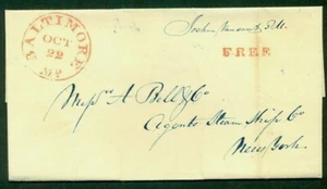 MARYLAND, BALTIMORE and FREE in red on pretty folded letter to NY, VF - Picture 1 of 1