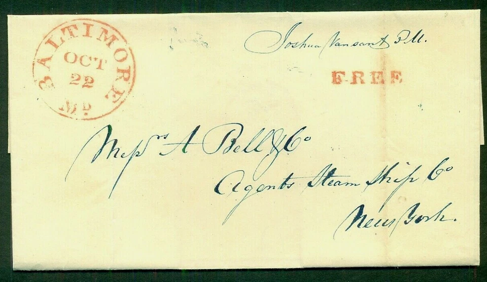 MARYLAND, BALTIMORE and FREE in red on pretty folded letter to NY, VF - Image 1 of 1