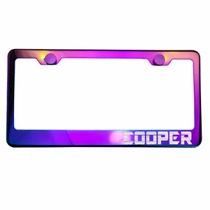 Polish Neo Neon Chrome License Plate Frame COOPER Laser Etched Metal Screw Cap - Picture 1 of 8