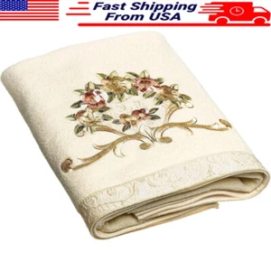 Cotton Bath Towel Soft Plush Floral Design Machine Washable 16x30 In Natural New - Picture 1 of 4