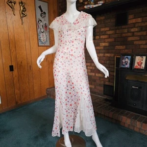 Vtg 30s Novelty Polka Dot Sheer Voile Gored RUFFLE Lawn Maxi Dress Bias Gown S - Picture 1 of 12
