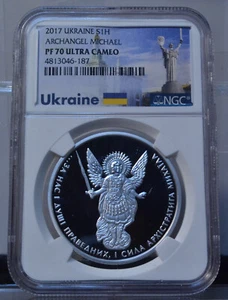 2017 UKRAINE HRYVNIA ARCHANGEL MICHAEL NGC PF70 ULTRA CAMEO 1 OZ .9999 SILVER - Picture 1 of 4