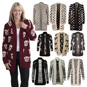 Women Skull Skeleton, Owl, Leopard, Heart Print Open Front Knitted Cardigan 8-22 - Picture 1 of 12