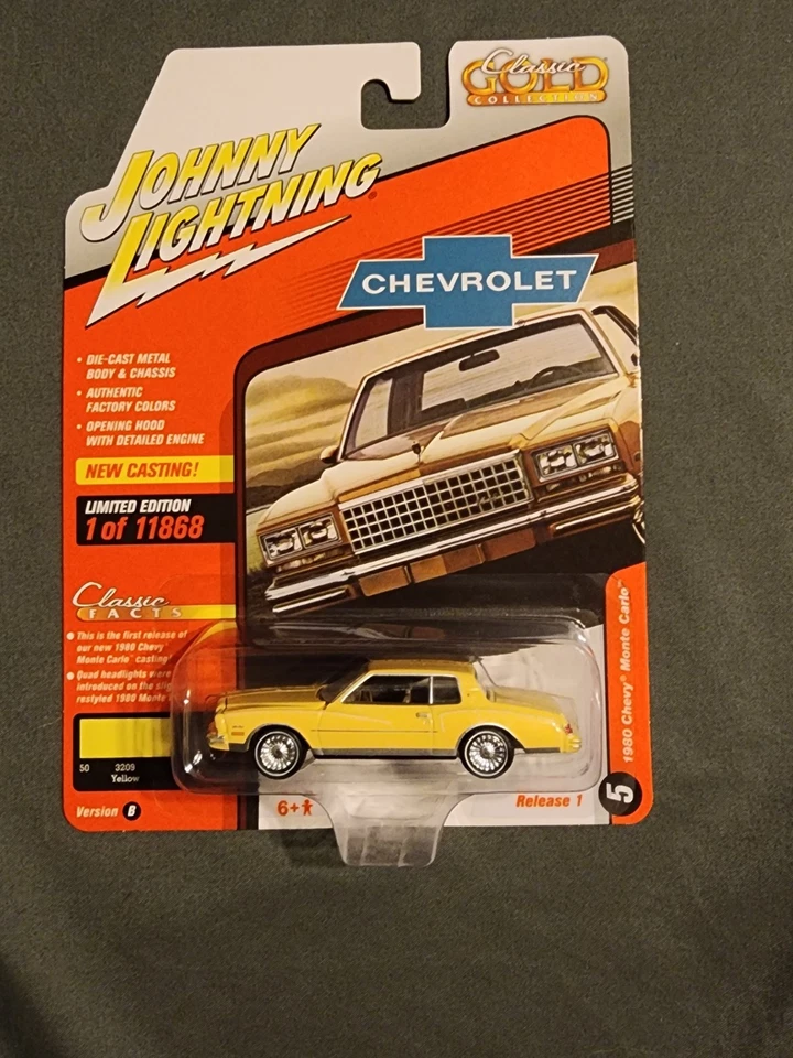 Chevy Monte Carlo 1980 Johnny Lightning amarillo clásico dorado versión B rel 1 #/11868 Foto 1 de 2