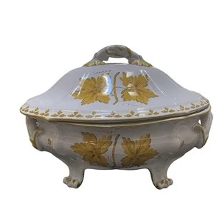 Vintage weiße Keramik Servierterrine mit Fuß Deckel Gold Blumendetail signiert GG - Bild 1 von 8