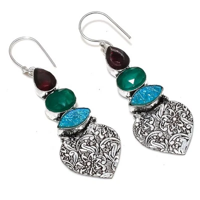 Pendiente Joyería Plata Esterlina 925 Jade Verde Ópalo Triple Verde 2.56" Foto 1 de 4