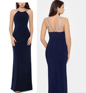 Betsy & Adam Size 12 Petite Navy Halter Rhinestone Straps Cocktail Gown Dress - Picture 1 of 12