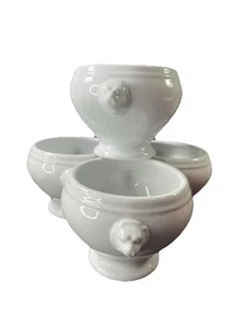DOUBLE LION HEAD WHITE Porcelain FRENCH Onion SOUP BOWLS Set/4 Zieher Germany - Picture 1 of 6