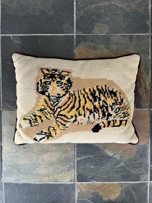 Needlepoint Tiger Decorative Throw Pillow Medium 13 x 18 Brown Beige Animal - Image 1 of 4